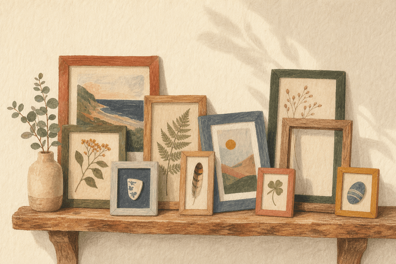 A wooden shelf in warm daylight holding a private collection of small framed keepsakes