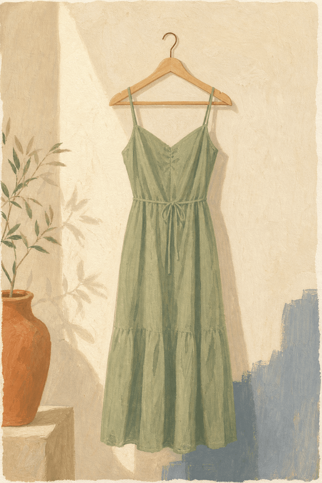 A sage green linen dress on a wooden hanger